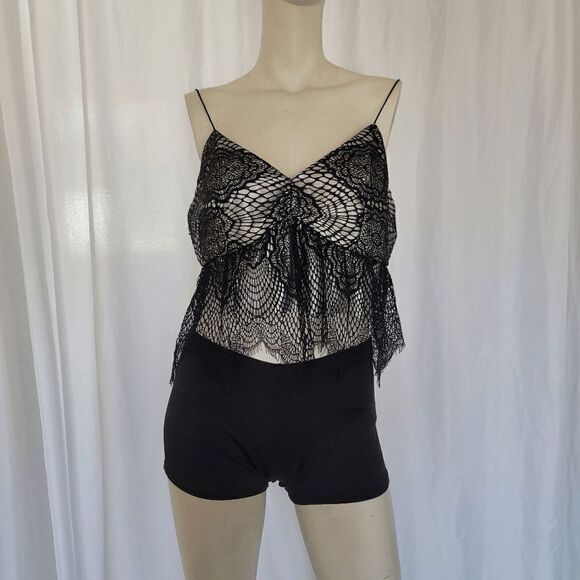 Mustard Seed black silver faux leather lace top size L - Picture 1 of 7